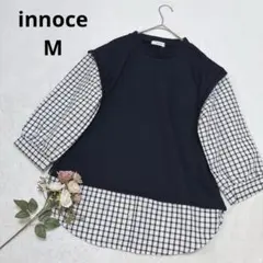 レイヤードトップス 七分袖 Uネック チェックシャツ ベスト カジュアル M