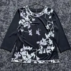 レオナール　カンカン カットソー 美品 レオナール カットソー カンカン ハイネック トリム 花 マルチ