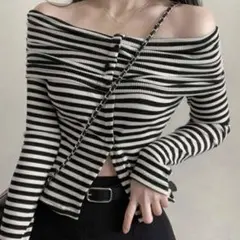 shein DAZY ストライプ オフショルダー フィッテッド 長袖Tシャツ