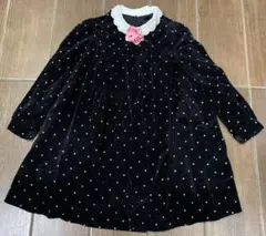 美品 コサージュ付 白襟 ドット 黒 ブラック ベロア ベルベット ワンピース