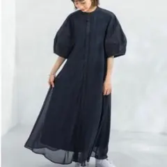 KBF／ネイビー シャツワンピース シフォン 半袖 ロング丈 上品