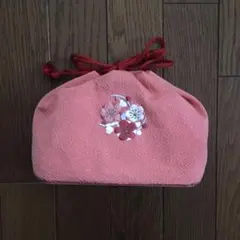 ✺サーモンピンク 花柄刺繍 巾着型和装用バッグ✺