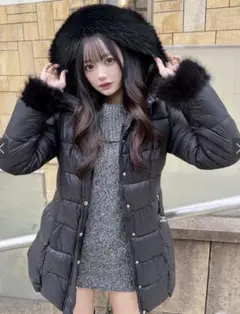 【新品未使用】GRL ベルト付き ファー Aライン ダウンコート ブラック L