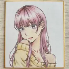 手描きイラスト オリジナル アナログ ピンク髪 女の子 色紙 No.1