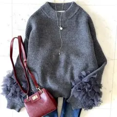 美品 ネミカ ウール100% チュール袖ニット グレー 11 大きいサイズ
