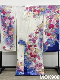 振袖 仮絵羽 銀通し 金彩 大輪 正絹 未仕立て品 八掛付き MOK501