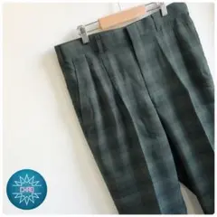 【ヴィンテージ】刺繍 2tac スラックス モスグリーン チェック柄 85