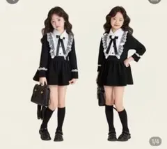 新品キッズ フォーマル ワンピース レース襟 リボン 長袖 入学式/発表会/