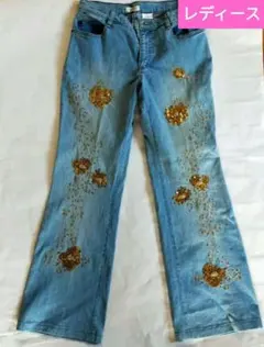 OTTO オットー　ライトブルーデニムパンツ　金色の花柄刺繍　スパンコール