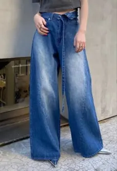 土日限定価格　RAY CASSIN　ウエスト折り返しワイドデニムパンツ