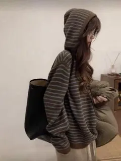 フード付きニット ブラウン ストライプ L レディース 秋冬