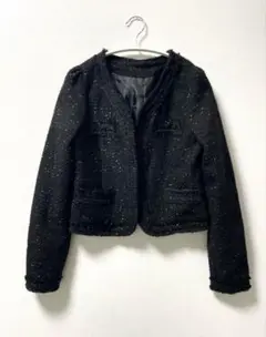 ノーカラーツイードジャケット 黒