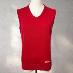 【バーバリーゴルフ】M/ニットベスト/赤/Vネック/エッジィ/ウール100%
