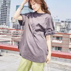 KANGOL Tシャツ　グレー系　刺繍　オーバーサイズ　裾ラウンドチュニック