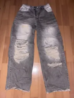 ダメージ加工 グレー ワイドデニムパンツ