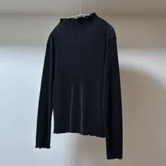 リブ素材 黒 長袖 トップス フリルネック