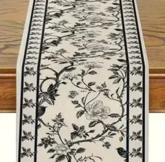 1枚 テーブルランナー ブラック＆ホワイト植物柄 33cm✕183cm