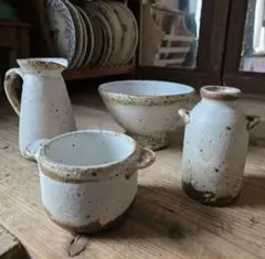 【陶芸家：山本直毅】陶器4点セット（ボウル・スープカップ・花器・ピシェ） 陶芸家：山本直毅】陶器4点セット（ボウル・スープカップ・花器