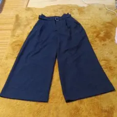 ネイビー ガウチョパンツ ベルト付き麻リネン風ウエスト約64cm