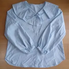 フリルリボン付きライトブルー長袖シャツ　GU　Lサイズ