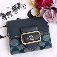 未使用☆COACHコーチ 折り財布 コンパクトミニ ネイビー シグネチャーのサムネイル