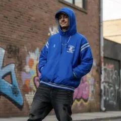 90sUNIQUE USA製ハーフジップナイロンアノラック刺繍ロゴブルーLサイズ