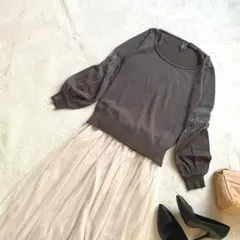 レディース　ニット　透かし編み　グレー　パフ袖　丸首　デザインニット