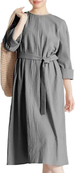 黒ワンピース 丸首長袖 カジュアルワンピ 綿100％ こしおび 無地 サイズS