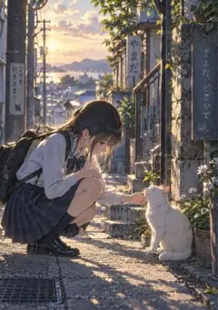 【イラスト】女子学生と白猫 アートポスター