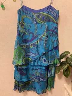 ZARA　キャミソール　シルク　ブルー　グリーン　フリルノースリーブワンピース