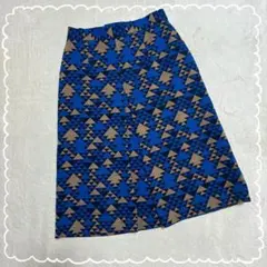 スカート ひざ丈スカート 総柄 幾何学模様 ブルー 青 ベージュ