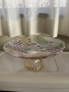 果物模様の高台付きガラス皿