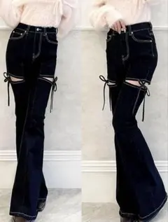 RESEXXY カットアウトリボンデニムパンツ ブラック S