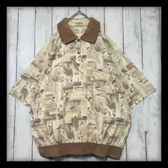 【VINTAGE】総柄リブ付きポロシャツ☆ベージュブラウン系☆幾何学☆短丈　Mのサムネイル