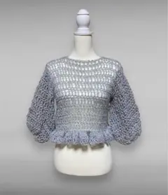 ハンドメイド　ニット　セーター　バルーンスリーブ　フリル　灰色