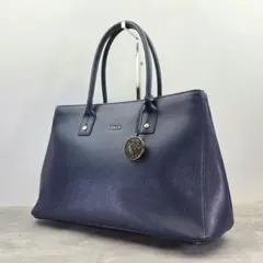 【美品】フルラ トートバッグ リンダ レザー チャーム ゴールド金具 ネイビー