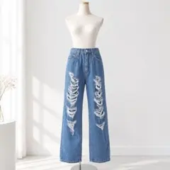【未使用品】ダメージデニム クラッシュジーンズ ブルー ダメージ加工 韓国 L