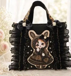 ハンドメイド トートバッグ 猫 ヒョウ柄ピンク レース うさぎ リボン