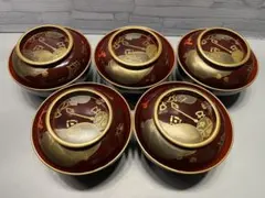 時代　蒔絵　煮椀　五客　木製　厚手