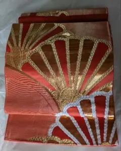 オレンジ系 扇模様 袋帯 中古品