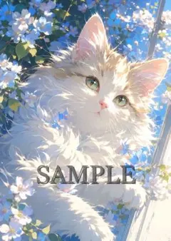 ころろん様専用ページ】白い猫とデイジー畑の風景画 水彩画風イラスト
