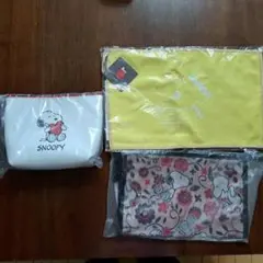 未使用スヌーピー　ミラー付きポーチ、花柄クリアポーチ、水切りマット