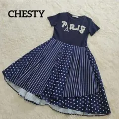 チェスティ PARISロゴ ワンピース ドット ストライプ 切替 フレア