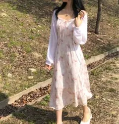 花柄キャミワンピース カーディガンなし amood ピンク ロングワンピース韓国