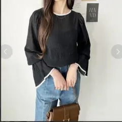 GeeRA 配色パイピング表面感ブラウス ブラックのサムネイル
