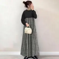 【新品未使用】チェック柄 切り替え ロングワンピース ゆったり 体型カバー