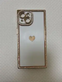 iPhone 15用ケース ホワイト ゴールド ハート