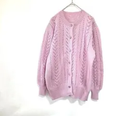 透かし編みニットカーディガン 長袖 ガーリー 羽織り 花ボタン 秋冬