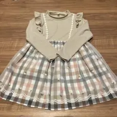 フリル付きチェック柄　花柄刺繍　チュールワンピース　110cm 女の子