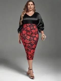 タイトロングドレス　七分袖　Vネック　花柄　無地　黒　ボディコン　スリムフィット